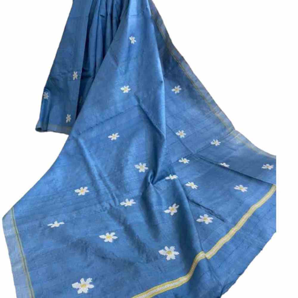 Royal Blue Flower Motif Tussar Silk Bawan Buti Saree